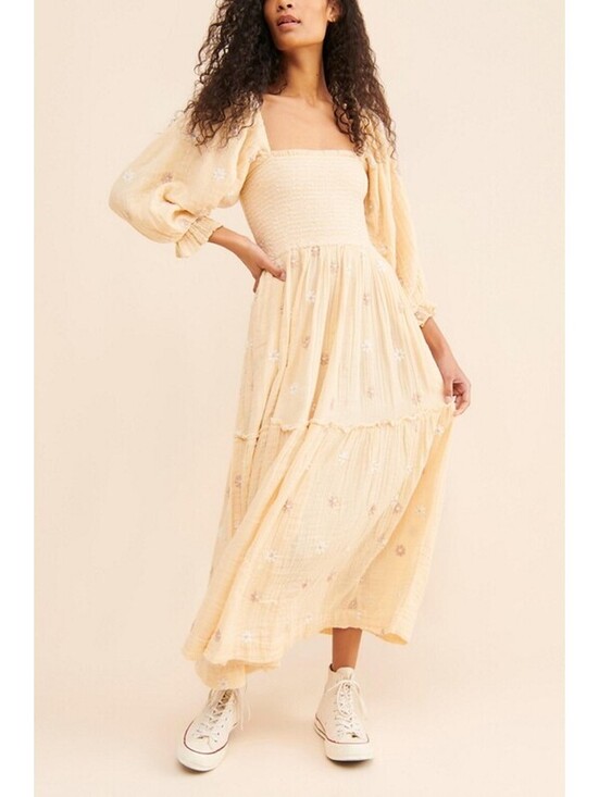 Free People Dresses & Skirts - Free People - Smocked Yellow Bodice Floral Maxi Dress with Puff Sleeves, Size XS